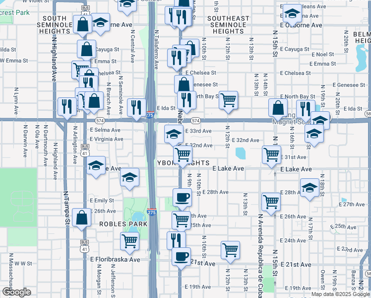 map of restaurants, bars, coffee shops, grocery stores, and more near 3813 North Nebraska Avenue in Tampa