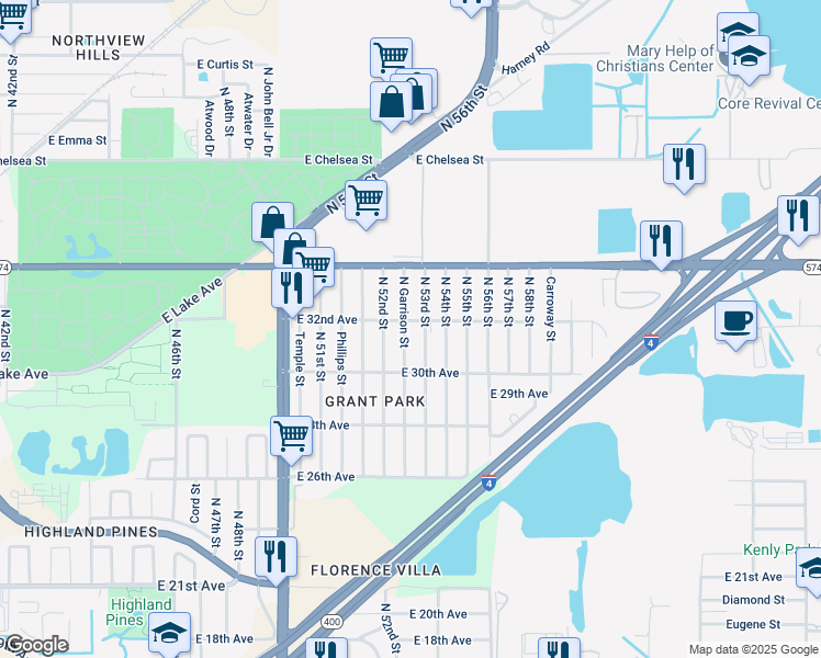 map of restaurants, bars, coffee shops, grocery stores, and more near 3725 North Garrison Street in Tampa