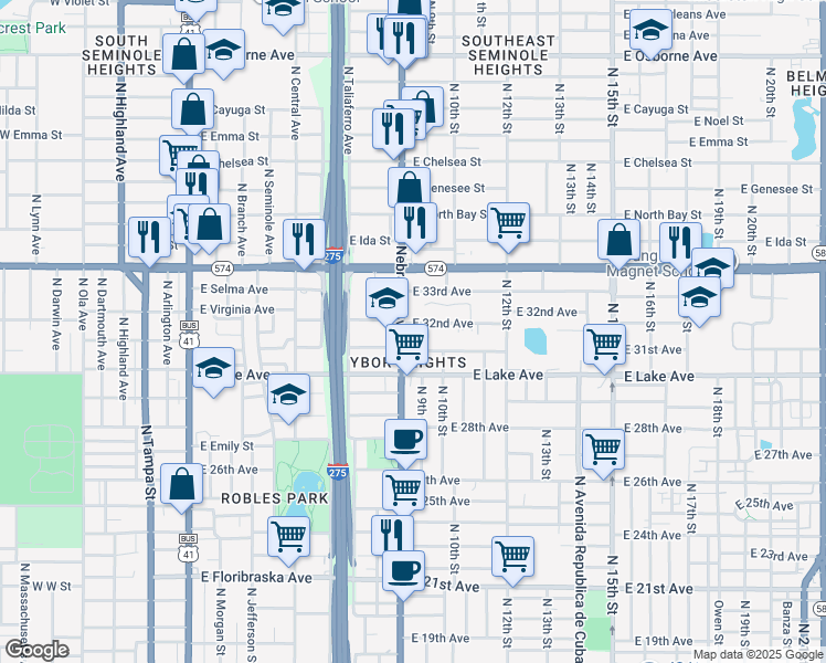 map of restaurants, bars, coffee shops, grocery stores, and more near 3813 North Nebraska Avenue in Tampa