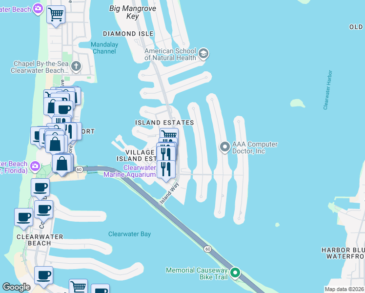 map of restaurants, bars, coffee shops, grocery stores, and more near 223 Island Way in Clearwater