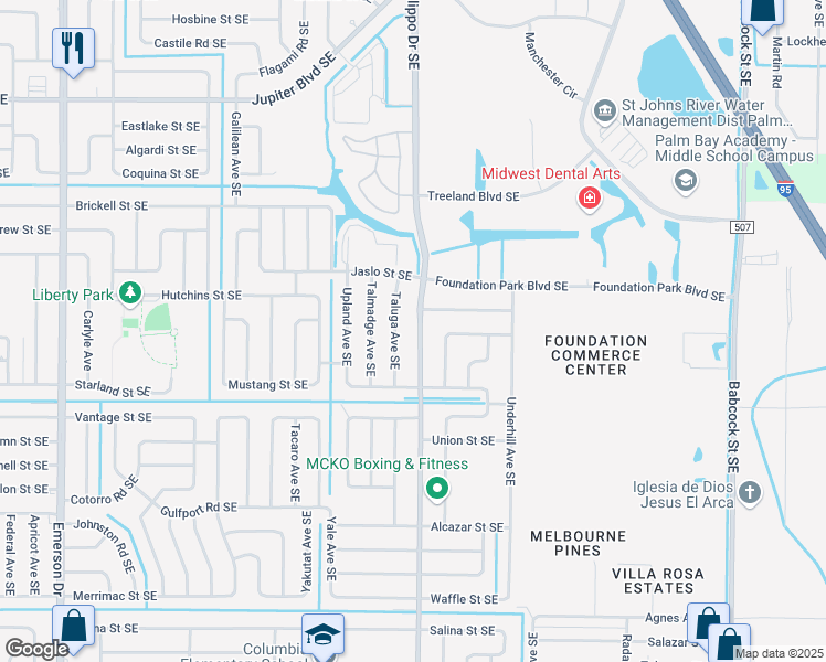 map of restaurants, bars, coffee shops, grocery stores, and more near 162 San Filippo Drive Southeast in Palm Bay