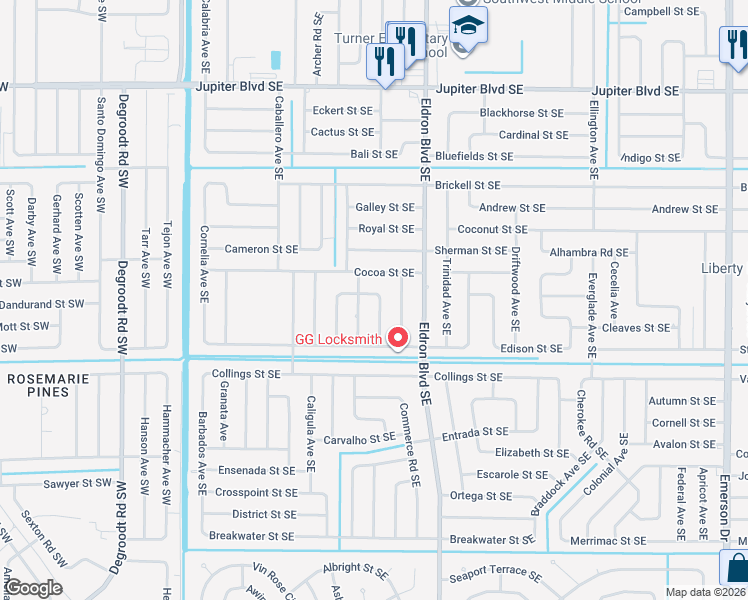 map of restaurants, bars, coffee shops, grocery stores, and more near 800 Aruba Avenue Southeast in Palm Bay