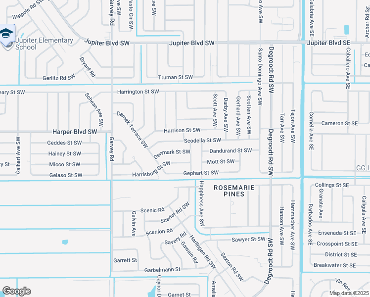 map of restaurants, bars, coffee shops, grocery stores, and more near 409 Denmark Street Southwest in Palm Bay