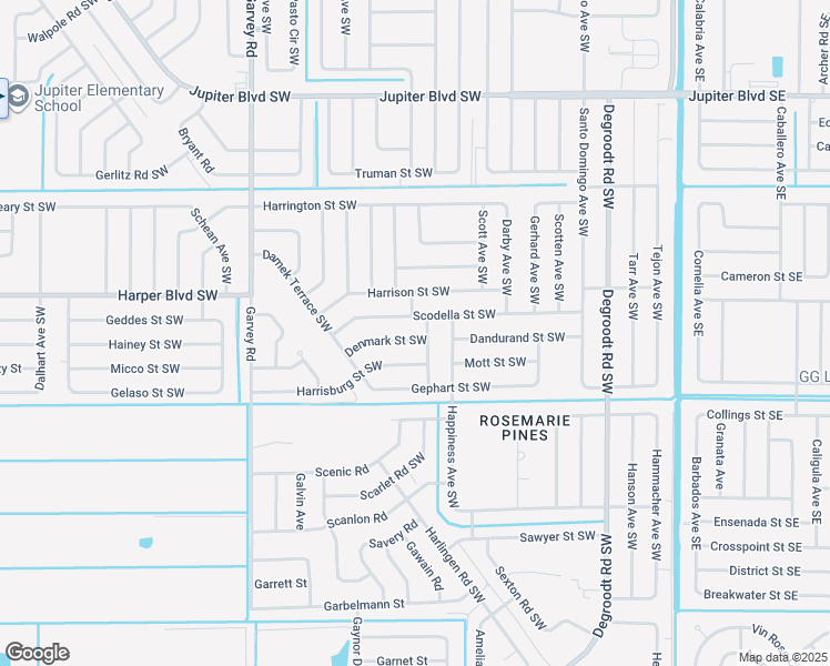 map of restaurants, bars, coffee shops, grocery stores, and more near 409 Denmark Street Southwest in Palm Bay
