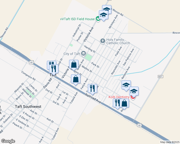 map of restaurants, bars, coffee shops, grocery stores, and more near 329 Fetick Avenue in Taft