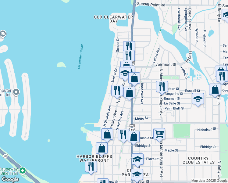 map of restaurants, bars, coffee shops, grocery stores, and more near 1304 North Osceola Avenue in Clearwater