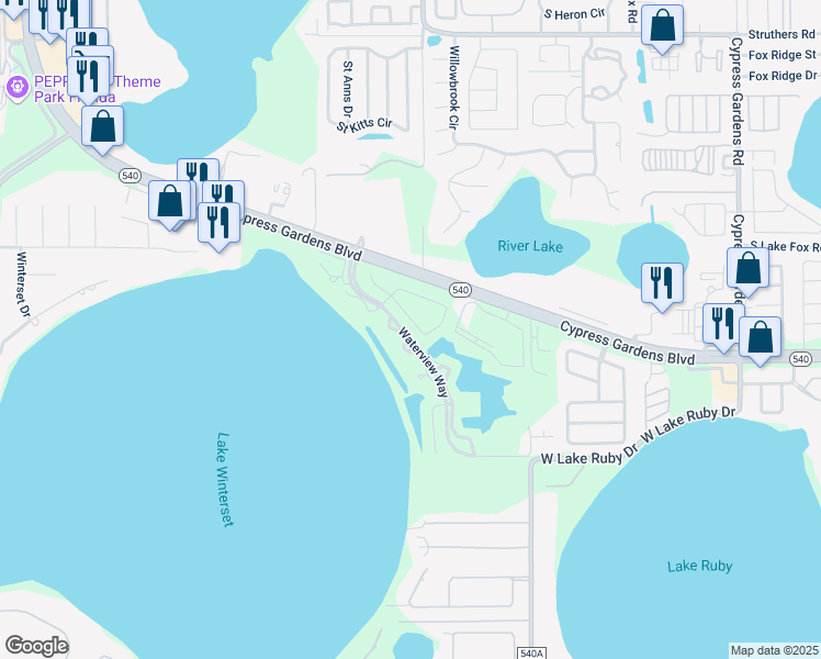 map of restaurants, bars, coffee shops, grocery stores, and more near 112 Morning Glory Circle in Winter Haven
