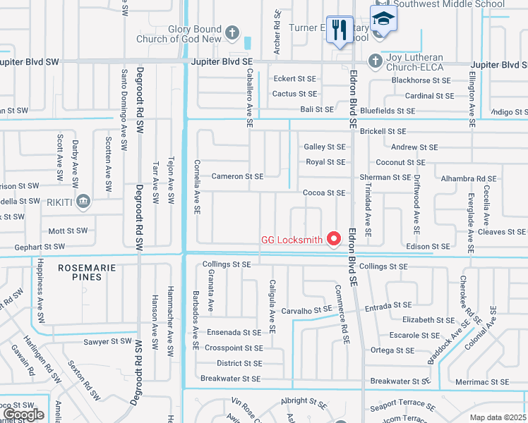 map of restaurants, bars, coffee shops, grocery stores, and more near 835 Brittan Avenue Southeast in Palm Bay