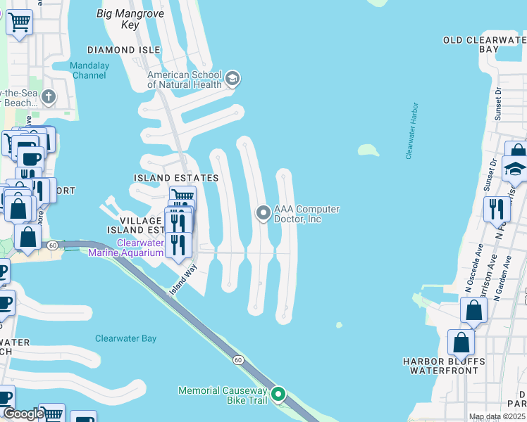 map of restaurants, bars, coffee shops, grocery stores, and more near 215 Midway Island in Clearwater