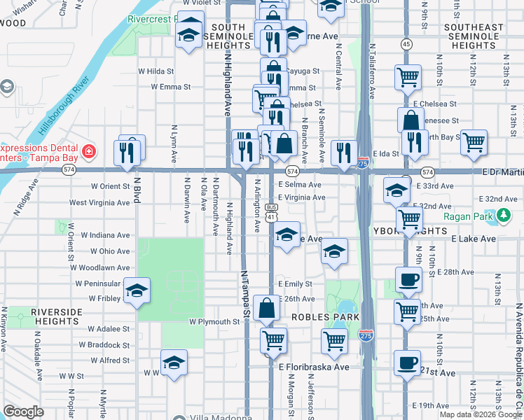 map of restaurants, bars, coffee shops, grocery stores, and more near 3800 Florida 685 in Tampa