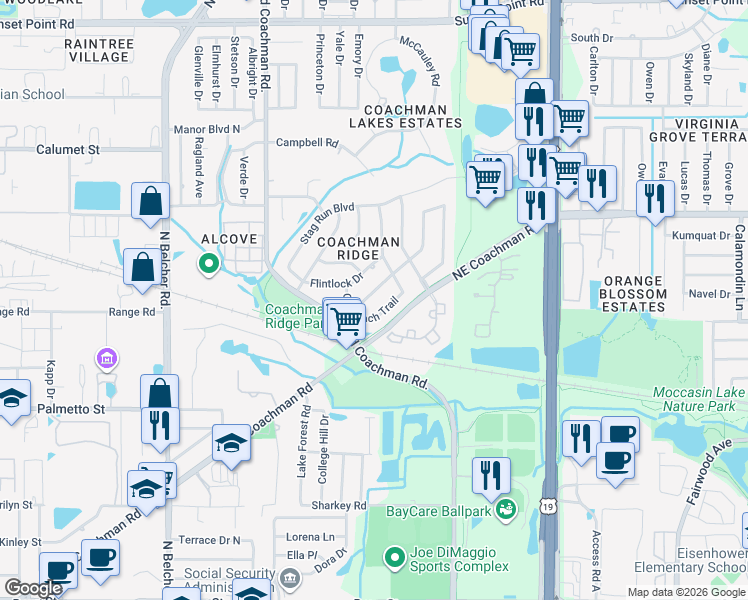 map of restaurants, bars, coffee shops, grocery stores, and more near 1491 Ridge Top Way in Clearwater