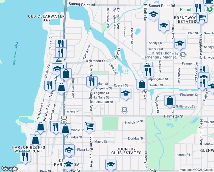 map of restaurants, bars, coffee shops, grocery stores, and more near 1308 North Madison Avenue in Clearwater