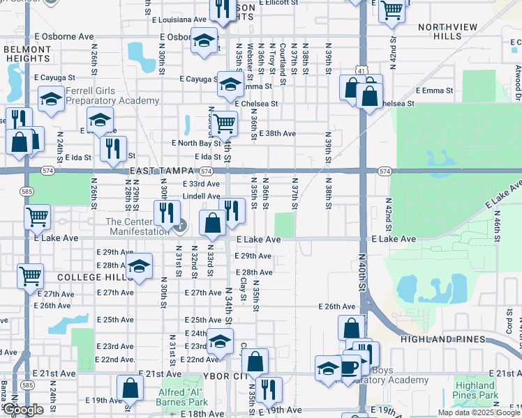 map of restaurants, bars, coffee shops, grocery stores, and more near 3720 North 36th Street in Tampa