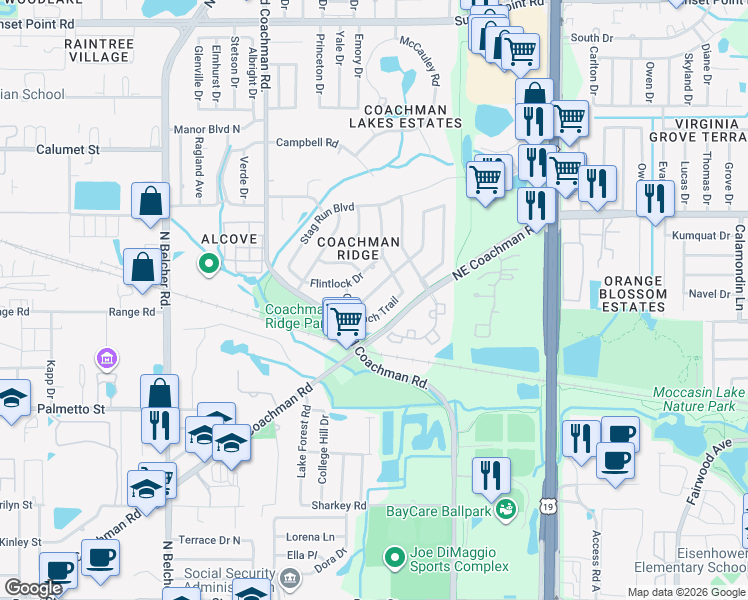 map of restaurants, bars, coffee shops, grocery stores, and more near 1491 Ridge Top Way in Clearwater
