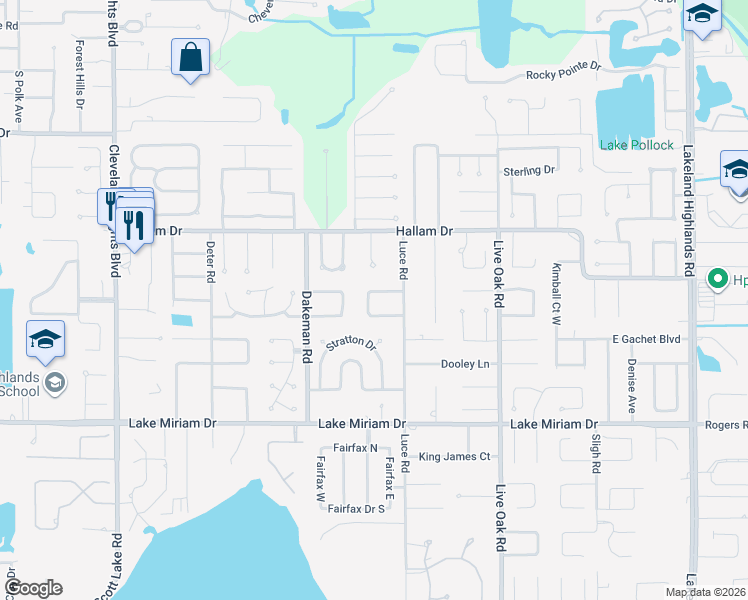 map of restaurants, bars, coffee shops, grocery stores, and more near 1303 Robinhood Lane North in Lakeland