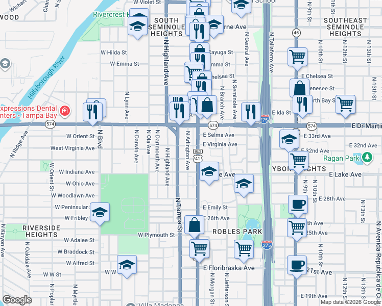 map of restaurants, bars, coffee shops, grocery stores, and more near 3800 Florida 685 in Tampa