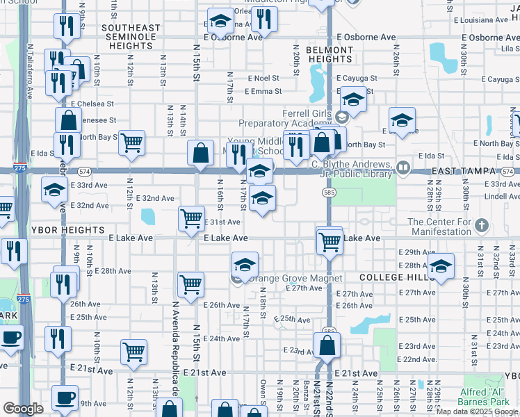 map of restaurants, bars, coffee shops, grocery stores, and more near 1807 East Doctor Martin Luther King Junior Boulevard in Tampa