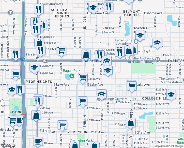 map of restaurants, bars, coffee shops, grocery stores, and more near 1515 East 32nd Avenue in Tampa