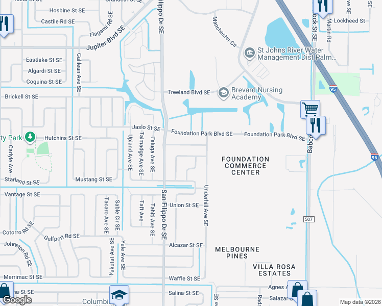 map of restaurants, bars, coffee shops, grocery stores, and more near 1353 Talleyrand Street Southeast in Palm Bay