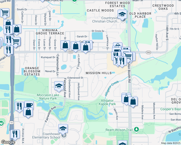 map of restaurants, bars, coffee shops, grocery stores, and more near 1421 Arrowhead Circle in Clearwater