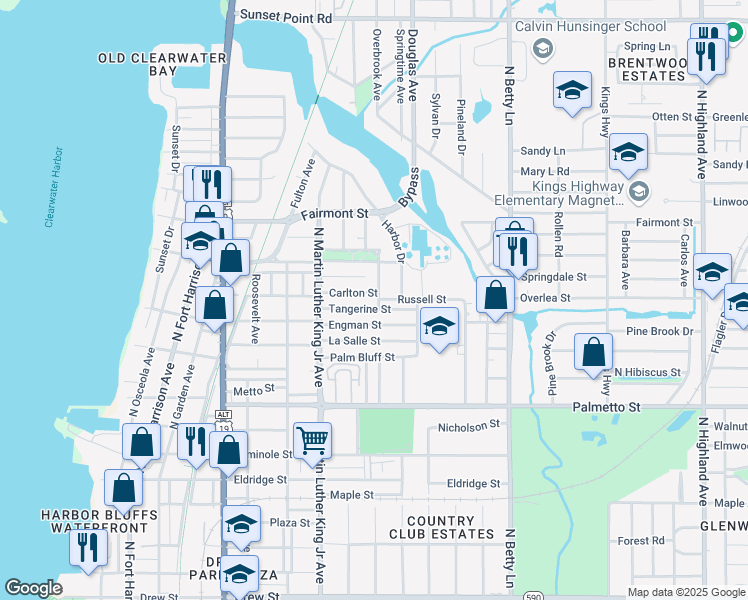 map of restaurants, bars, coffee shops, grocery stores, and more near 1308 North Madison Avenue in Clearwater