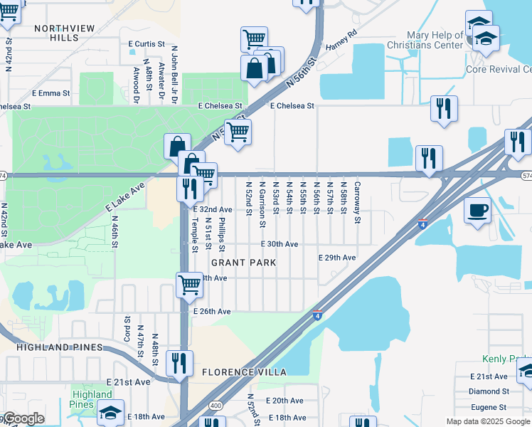 map of restaurants, bars, coffee shops, grocery stores, and more near 3725 North Garrison Street in Tampa
