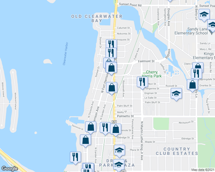 map of restaurants, bars, coffee shops, grocery stores, and more near 1309 North Fort Harrison Avenue in Clearwater