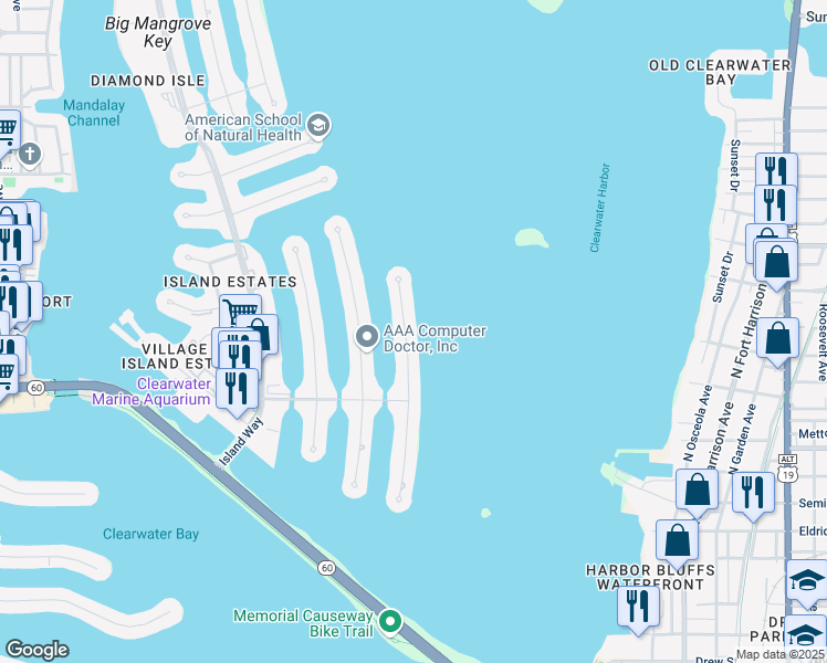 map of restaurants, bars, coffee shops, grocery stores, and more near 213 Windward Island in Clearwater