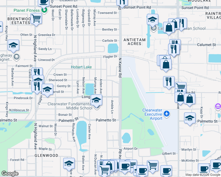 map of restaurants, bars, coffee shops, grocery stores, and more near 1309 Amble Lane in Clearwater