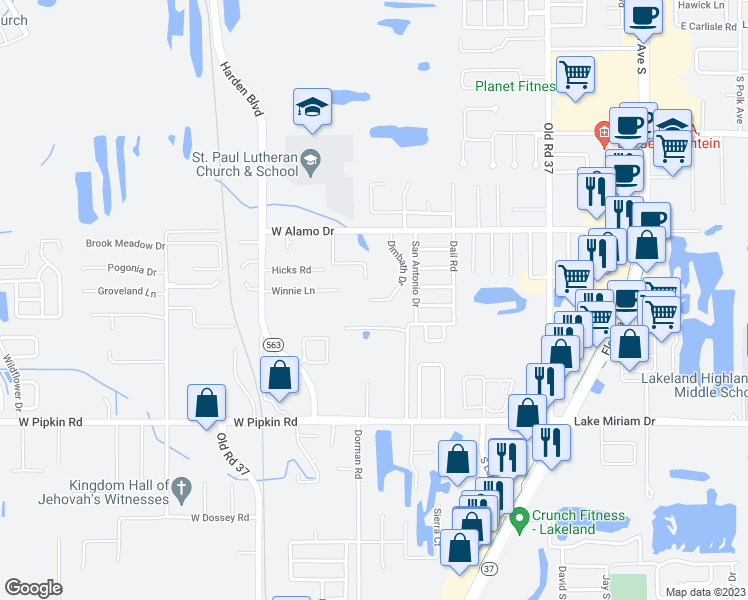 map of restaurants, bars, coffee shops, grocery stores, and more near 4765 Dimbath Drive in Lakeland