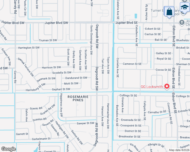 map of restaurants, bars, coffee shops, grocery stores, and more near 821 Degroodt Road Southwest in Palm Bay