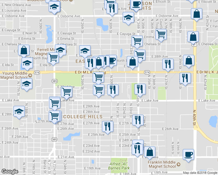 map of restaurants, bars, coffee shops, grocery stores, and more near 2918 East 32nd Avenue in Tampa