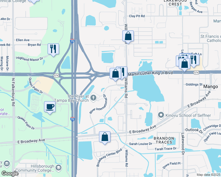 map of restaurants, bars, coffee shops, grocery stores, and more near 10806 Valley Tree Drive in Tampa