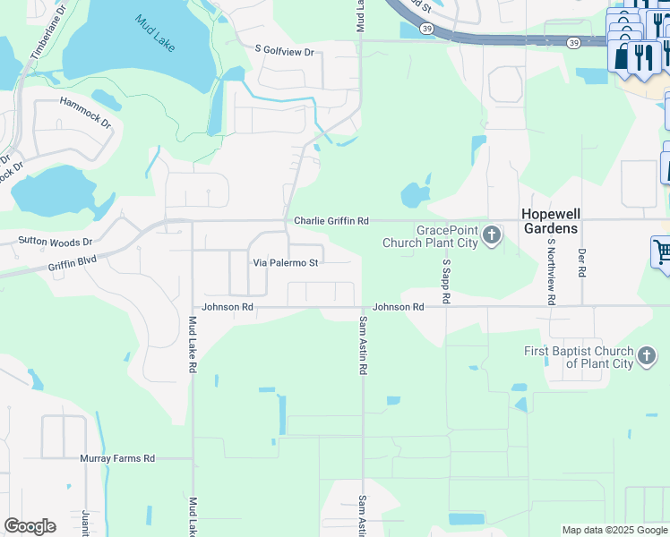 map of restaurants, bars, coffee shops, grocery stores, and more near 1709 Via Palermo Street in Plant City