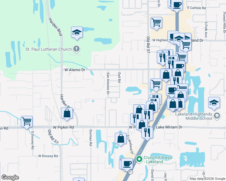 map of restaurants, bars, coffee shops, grocery stores, and more near 621 Solana St in Lakeland