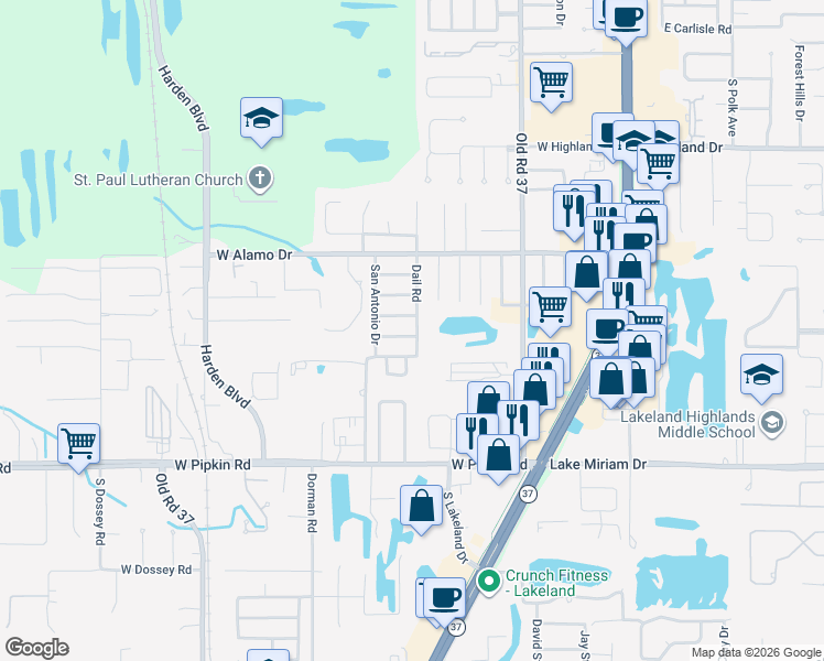 map of restaurants, bars, coffee shops, grocery stores, and more near 603 Solana St in Lakeland