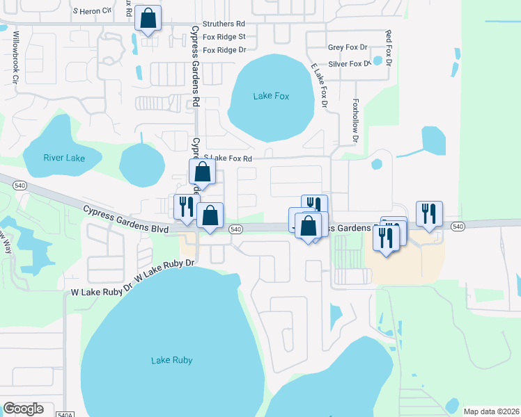 map of restaurants, bars, coffee shops, grocery stores, and more near 612 Heather Glen Loop in Winter Haven