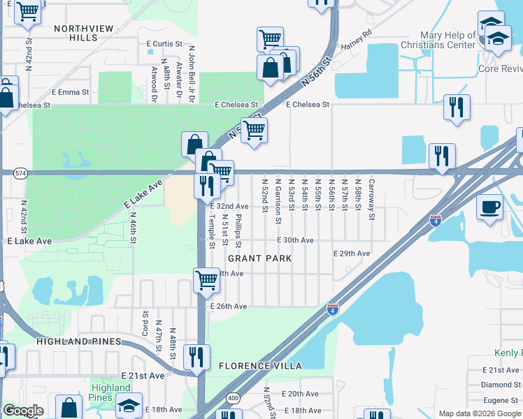 map of restaurants, bars, coffee shops, grocery stores, and more near 3724 N 52nd St in Tampa