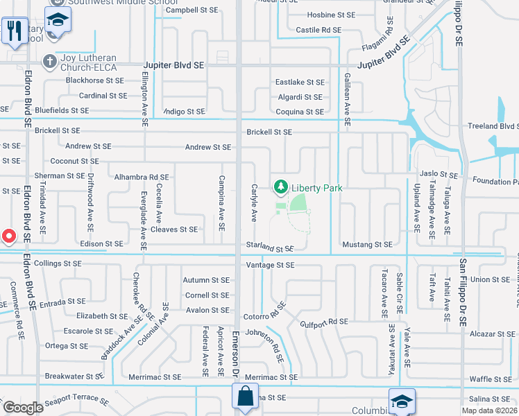 map of restaurants, bars, coffee shops, grocery stores, and more near 803 Carlyle Avenue in Palm Bay