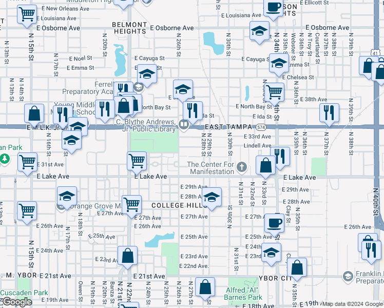 map of restaurants, bars, coffee shops, grocery stores, and more near 2614 East 32nd Avenue in Tampa