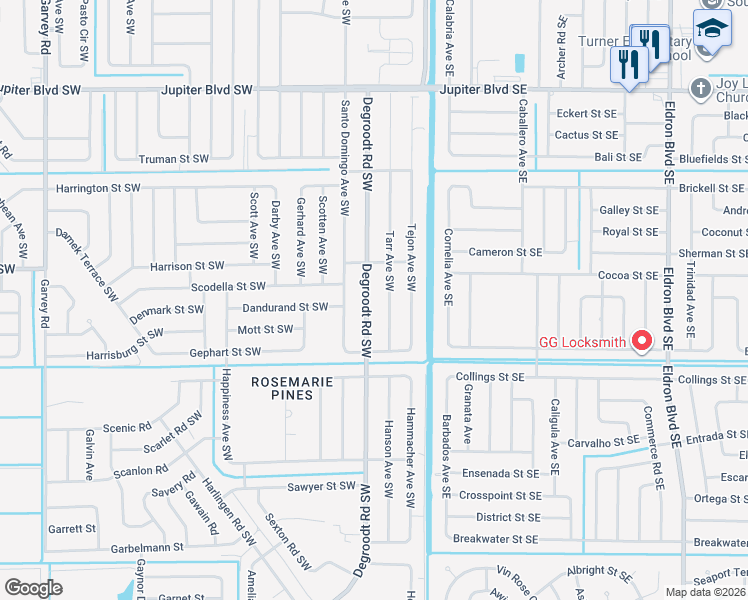 map of restaurants, bars, coffee shops, grocery stores, and more near 821 Degroodt Road Southwest in Palm Bay
