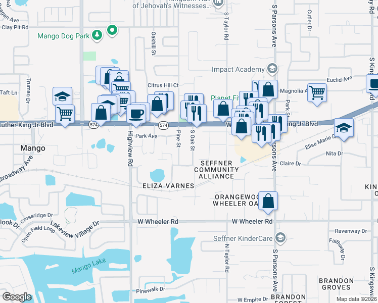 map of restaurants, bars, coffee shops, grocery stores, and more near 1811 South Oak Street in Seffner