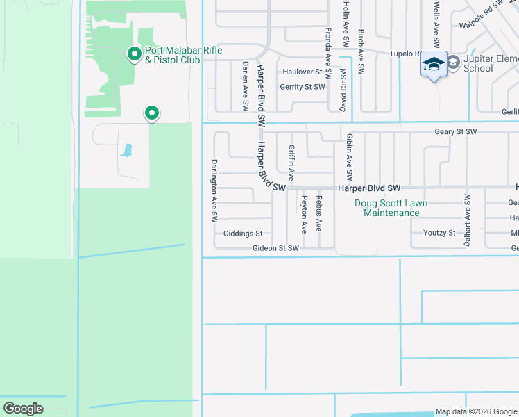 map of restaurants, bars, coffee shops, grocery stores, and more near 1300 Gibralter Street Southwest in Palm Bay