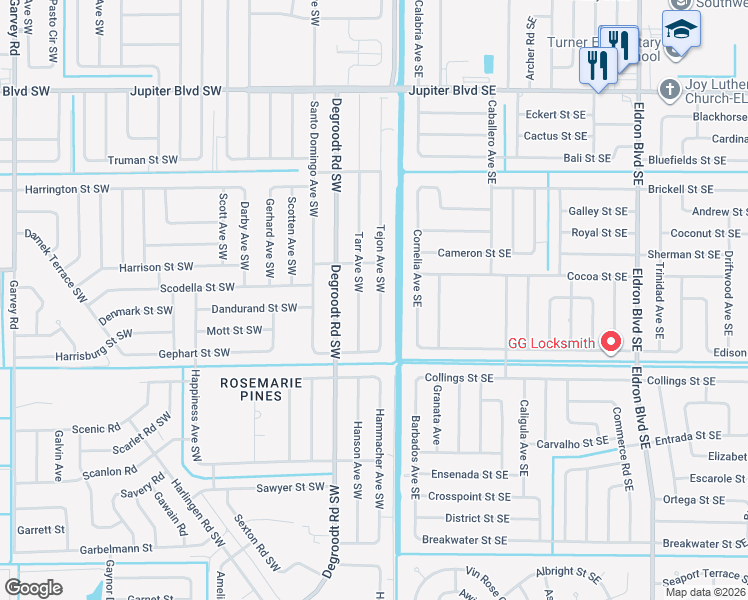 map of restaurants, bars, coffee shops, grocery stores, and more near 836 Tejon Avenue Southwest in Palm Bay