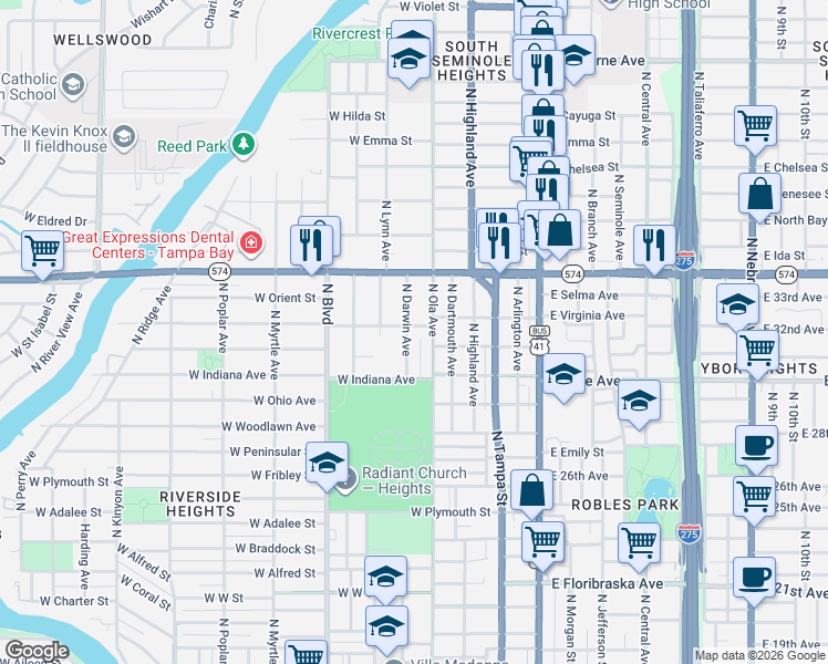 map of restaurants, bars, coffee shops, grocery stores, and more near 402 West Virginia Avenue in Tampa