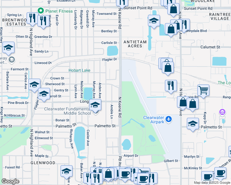 map of restaurants, bars, coffee shops, grocery stores, and more near 1309 Amble Lane in Clearwater