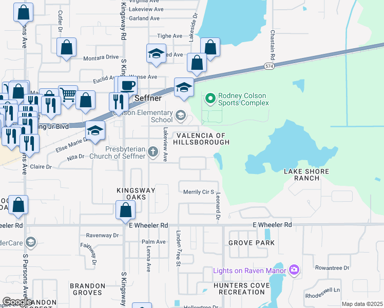 map of restaurants, bars, coffee shops, grocery stores, and more near 2017 Ronald Circle in Seffner