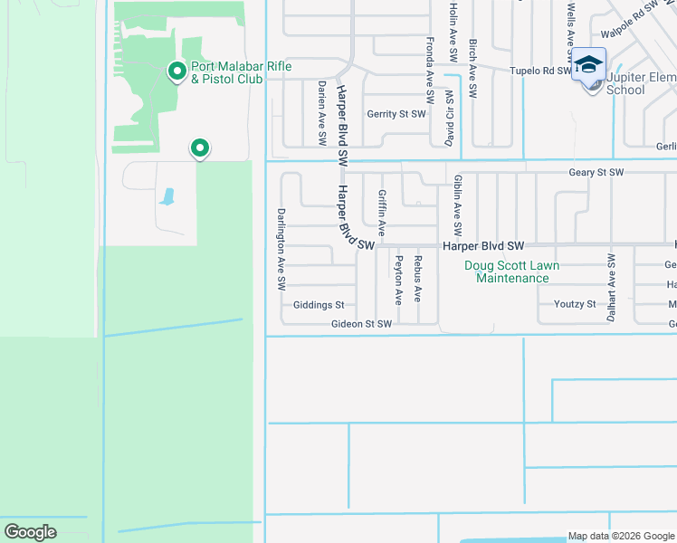 map of restaurants, bars, coffee shops, grocery stores, and more near 1300 Gibralter Street Southwest in Palm Bay