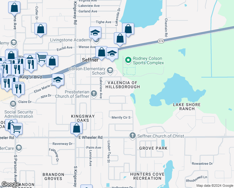 map of restaurants, bars, coffee shops, grocery stores, and more near 2017 Ronald Circle in Seffner