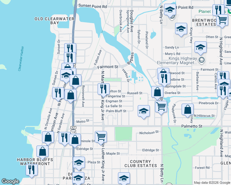 map of restaurants, bars, coffee shops, grocery stores, and more near 1308 North Madison Avenue in Clearwater